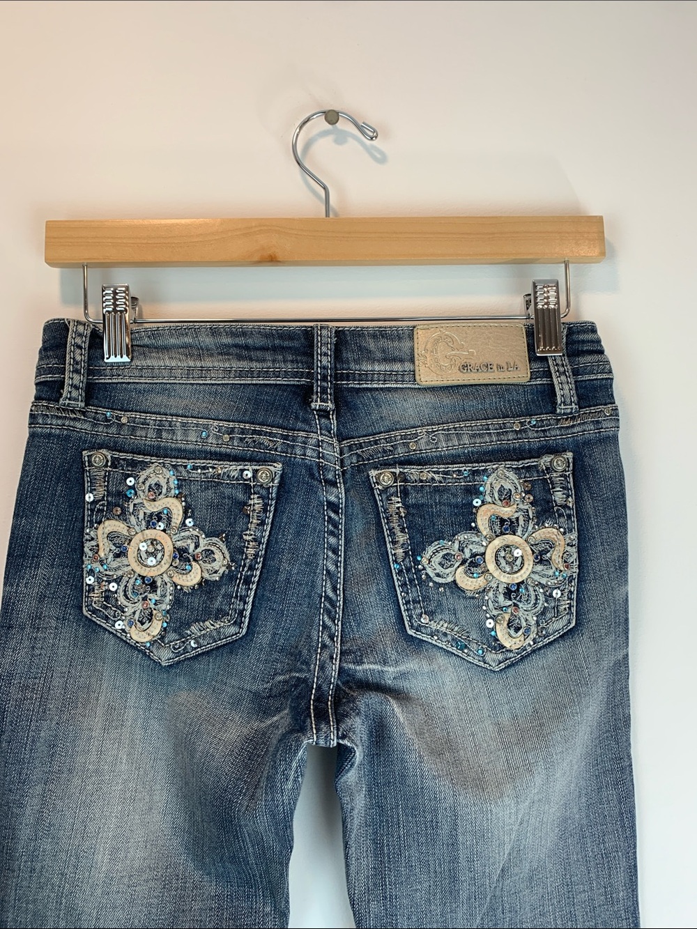 Grace in LA bedazzled cross jean sz 27 western faith boot cut rhinestones moto